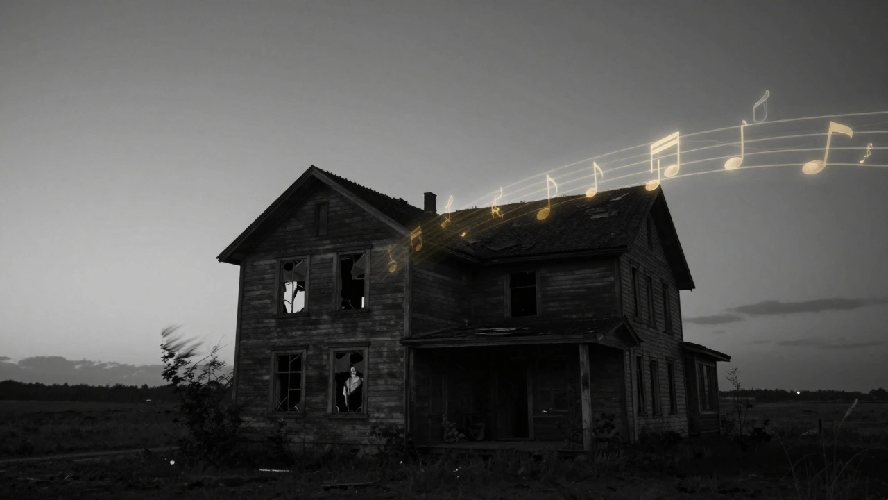Пустой дом на закате, где звуки становятся видимыми как музыкальные ноты.