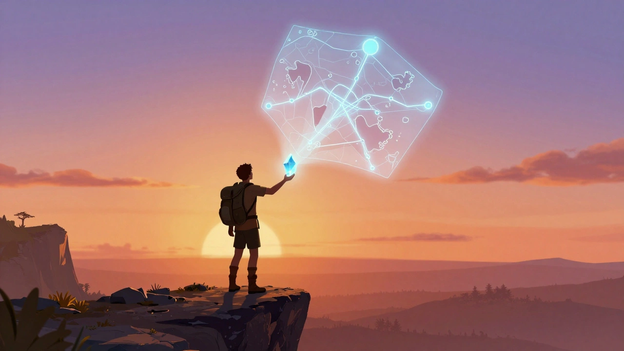 Путник на краю обрыва держит светящийся артефакт, проецирующий карту новых земель.