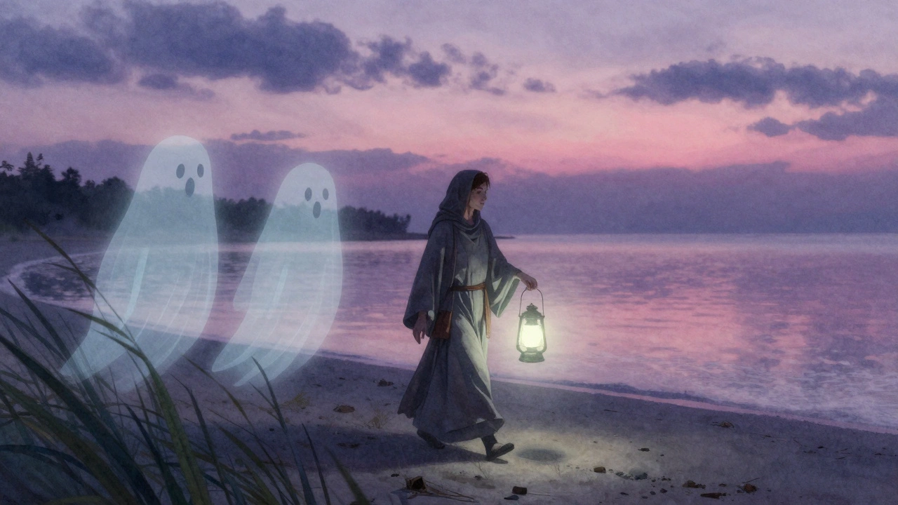 Путник с фонарём гуляет по берегу с духовными товарищами.