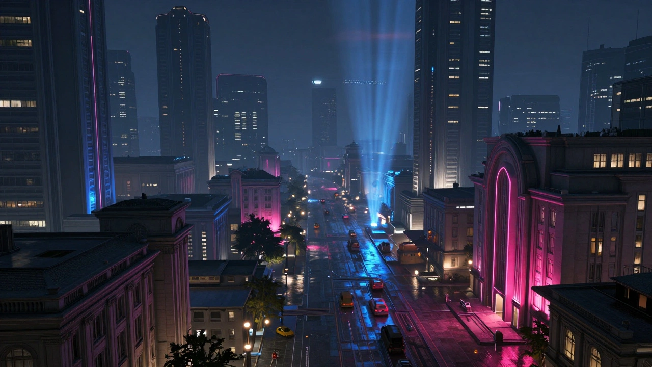 Раскидистый ночной городской пейзаж открытого мира с неоновым светом.