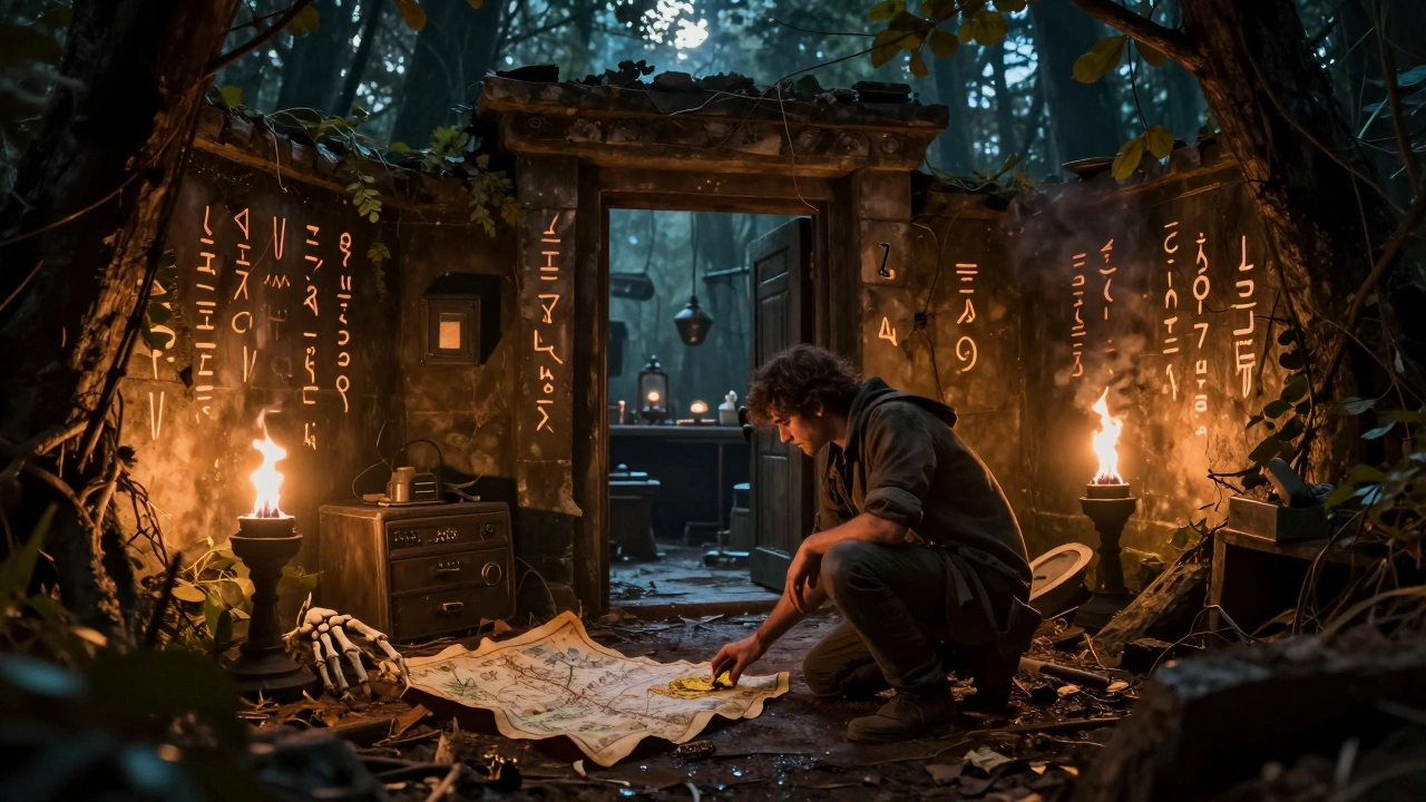 Разрушенное древнее убежище с картой, рунами и таинственной дверью, освещённое факелами и лунным светом.