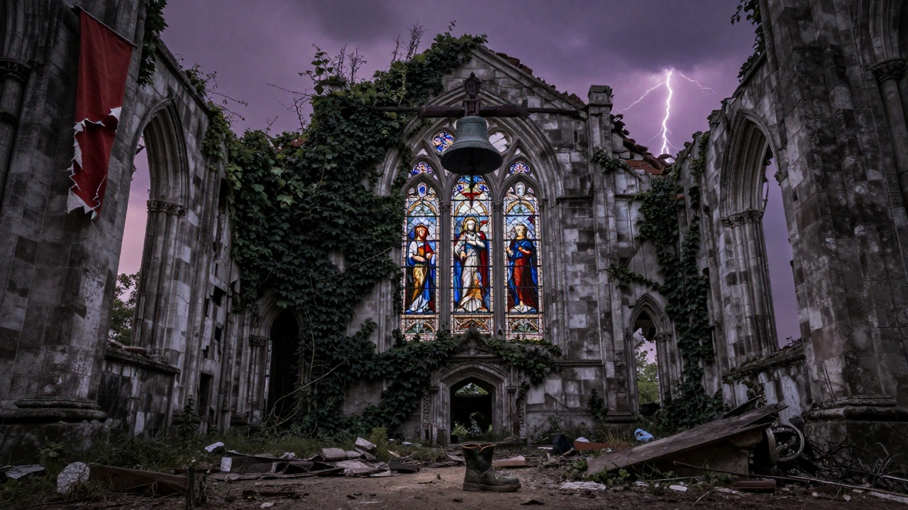 Разрушенный собор в ущелье, одинокий колокол и детская ботинка в пыли.