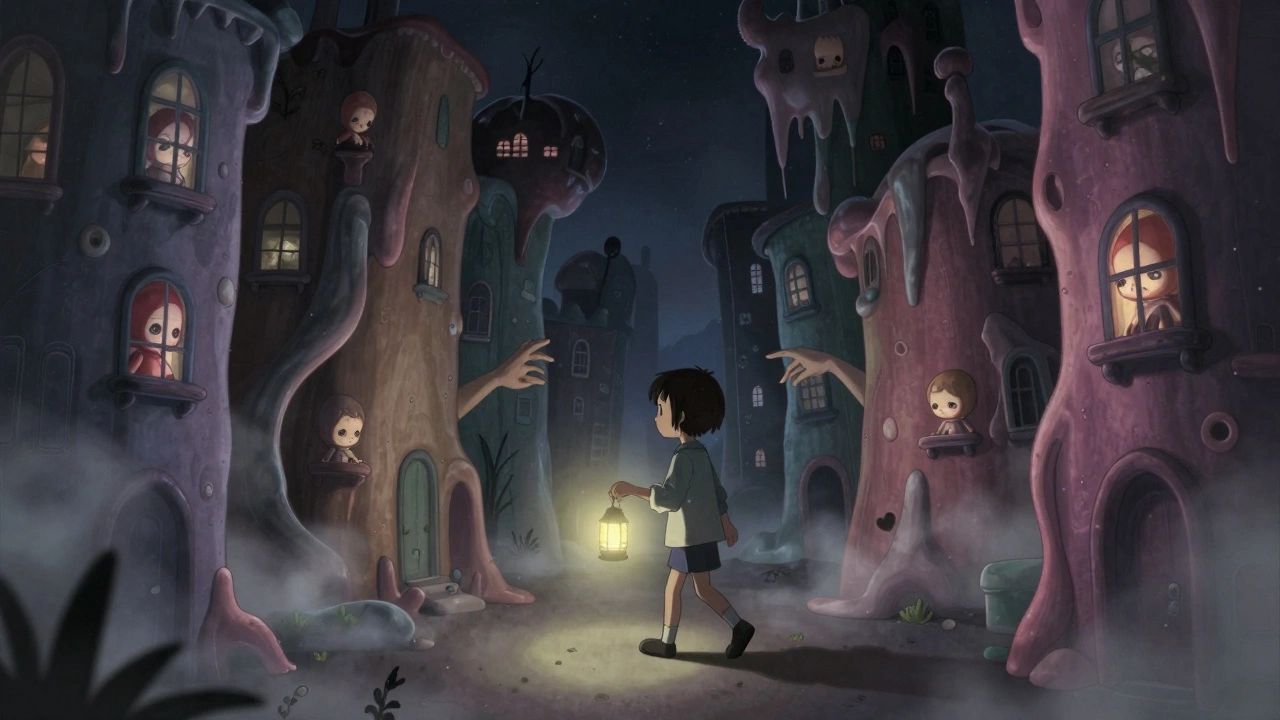 Ребёнок с маленькой лампой идёт по искажённому городу, где сущности тянутся из теней.