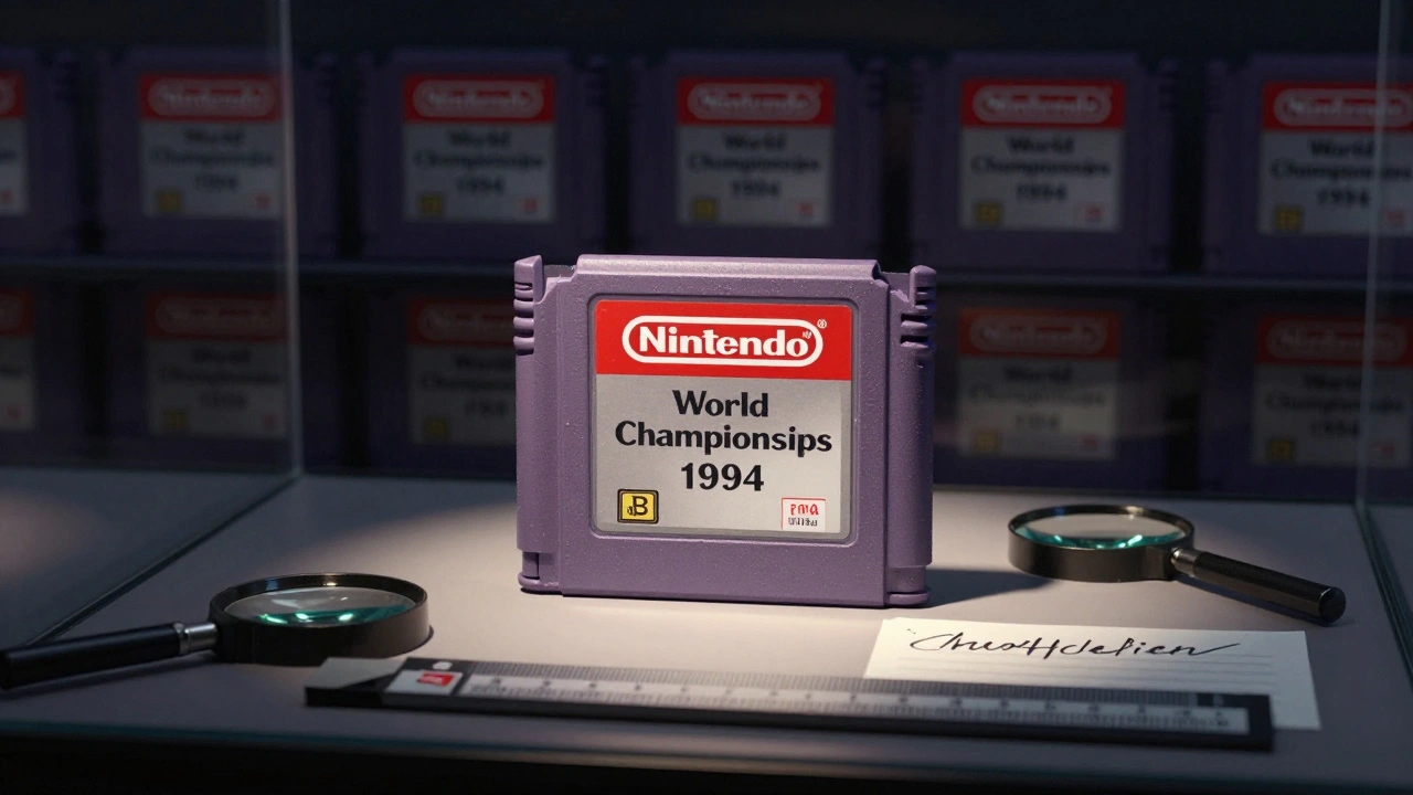 Редкий картридж Nintendo World Championships 1994 под стеклом с инструментами для аутентификации, остальные пустые.