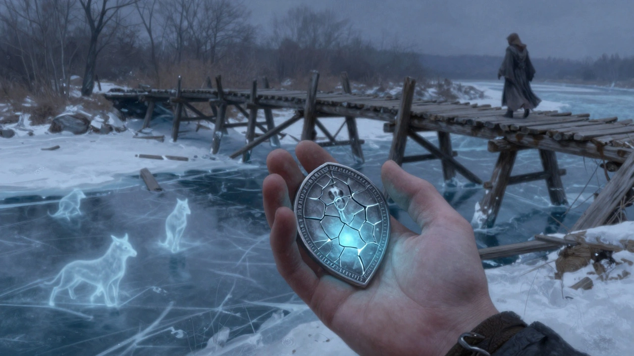Рука держит светящийся амулет на краю замерзшей реки, где под льдом плывут призраки животных.