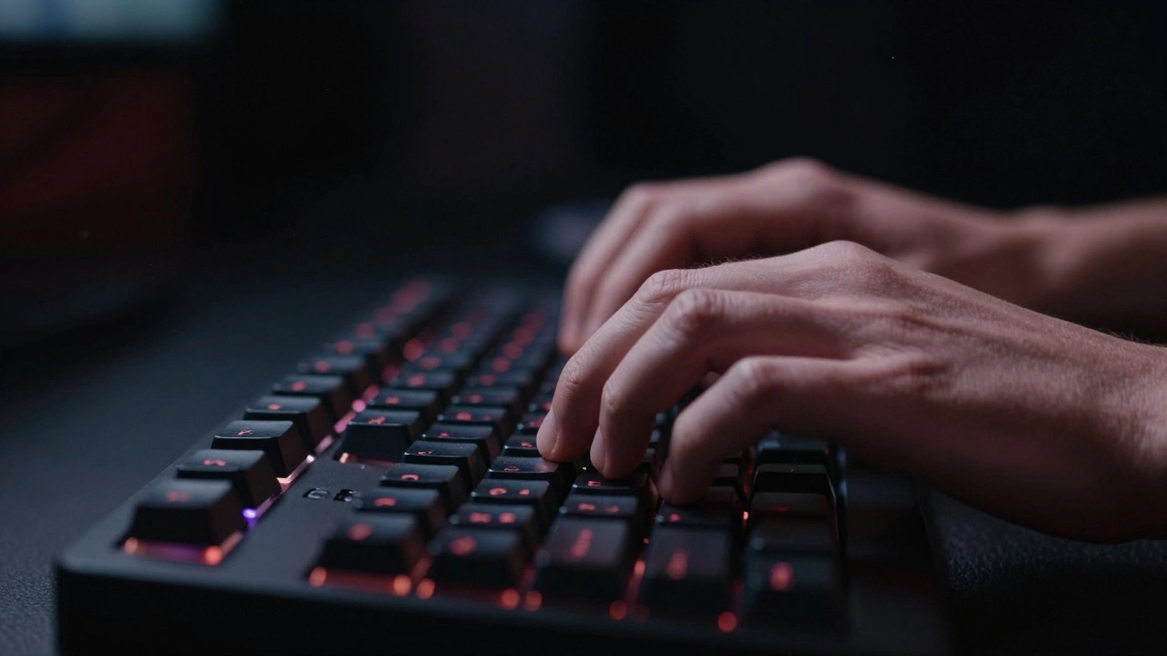 Руки игрока на механической клавиатуре при драматическом свете.