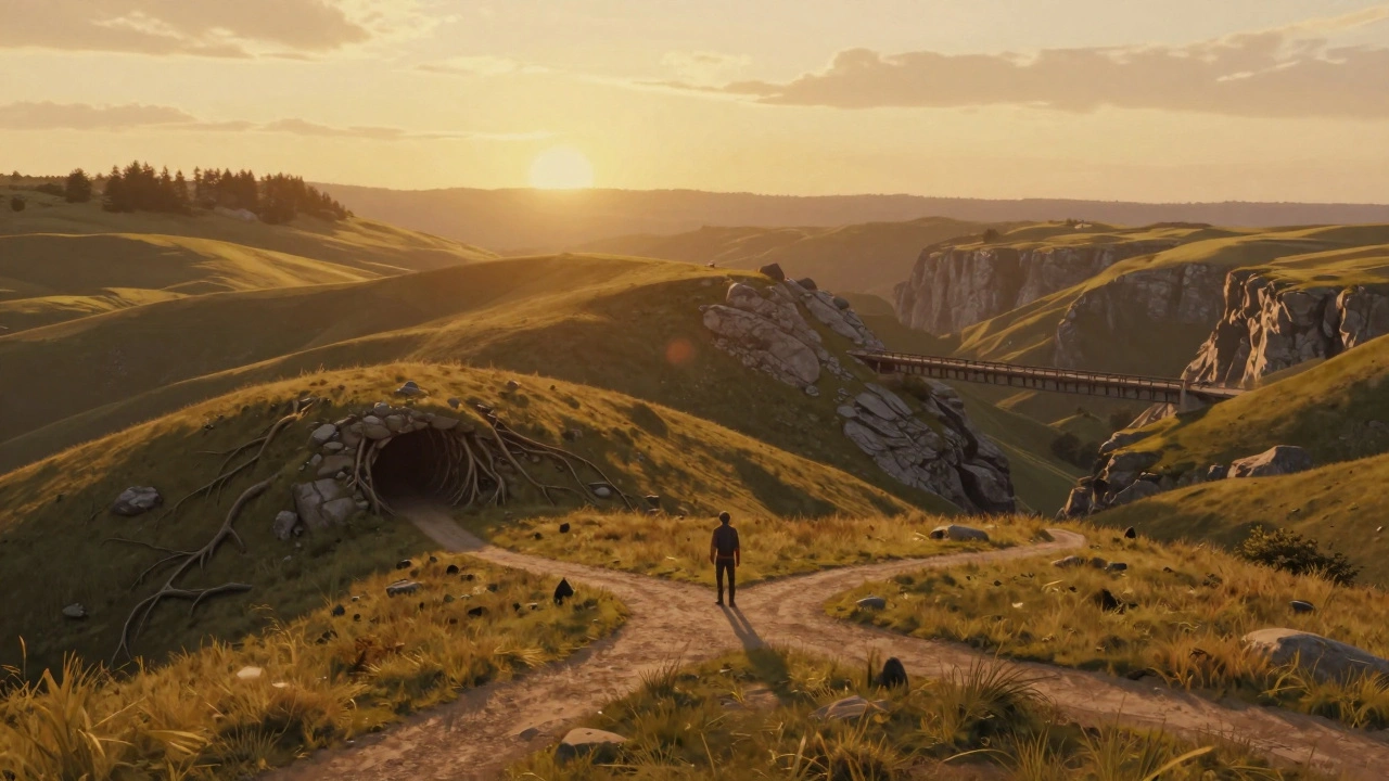 Широкий ландшафт с тремя путями, ведущими к разным направлениям.