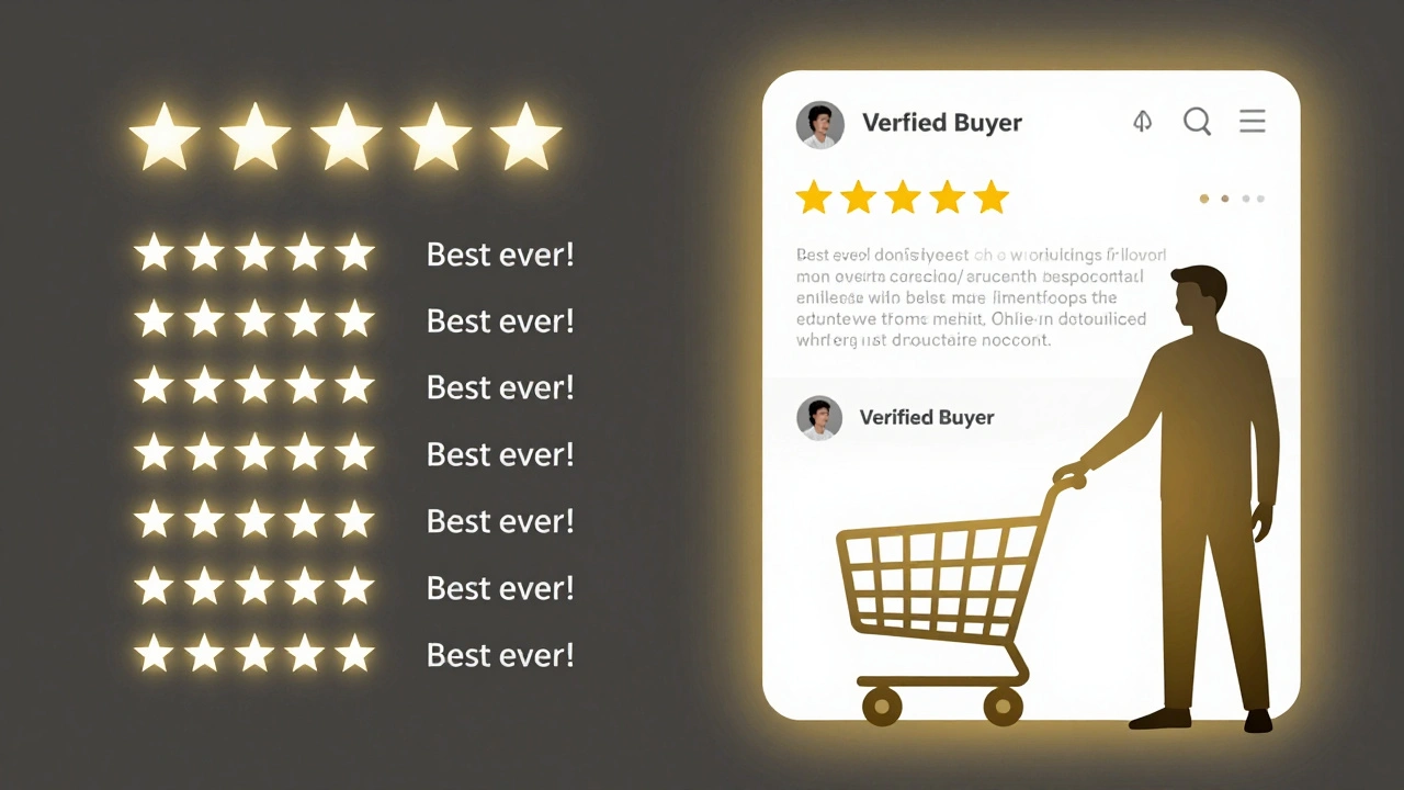 Сравнение фейковых и реальных отзывов на экране: слева — идеальные, справа — с разнообразием и верификацией.