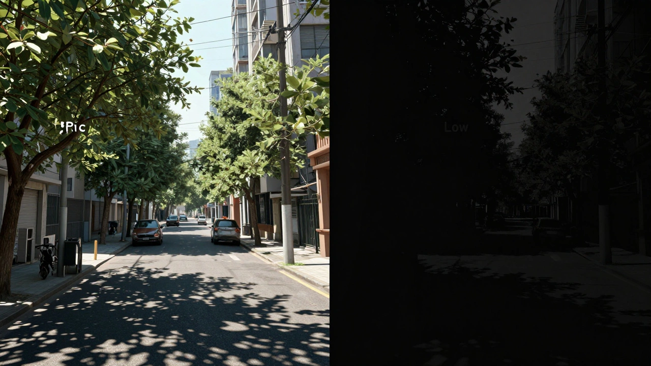Сравнение городской сцены: слева — мерцающие детализированные тени, справа — стабильные простые тени.