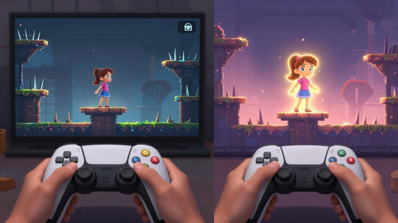 Сравнение игрового процесса: сложный уровень и режим помощи с замедлением времени и неуязвимостью.