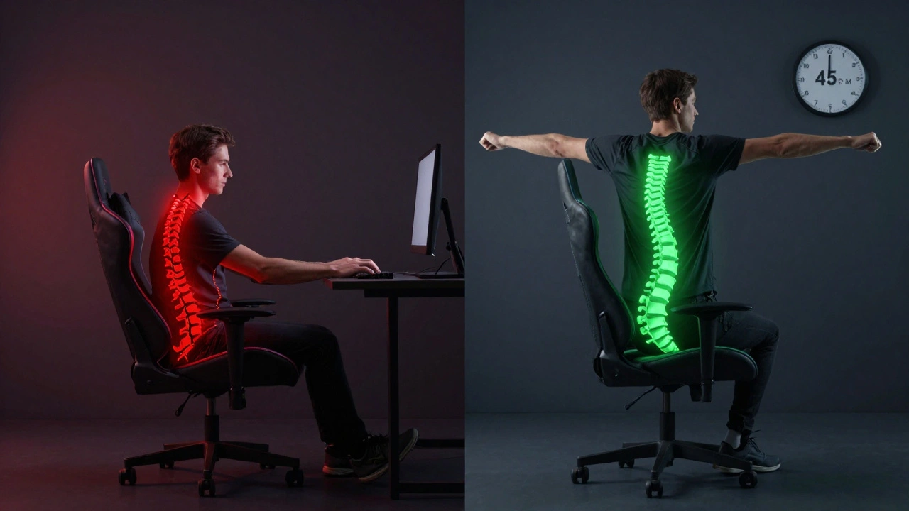 Сравнение: искажённый позвоночник в дешёвом кресле и здоровая осанка в эргономичном.
