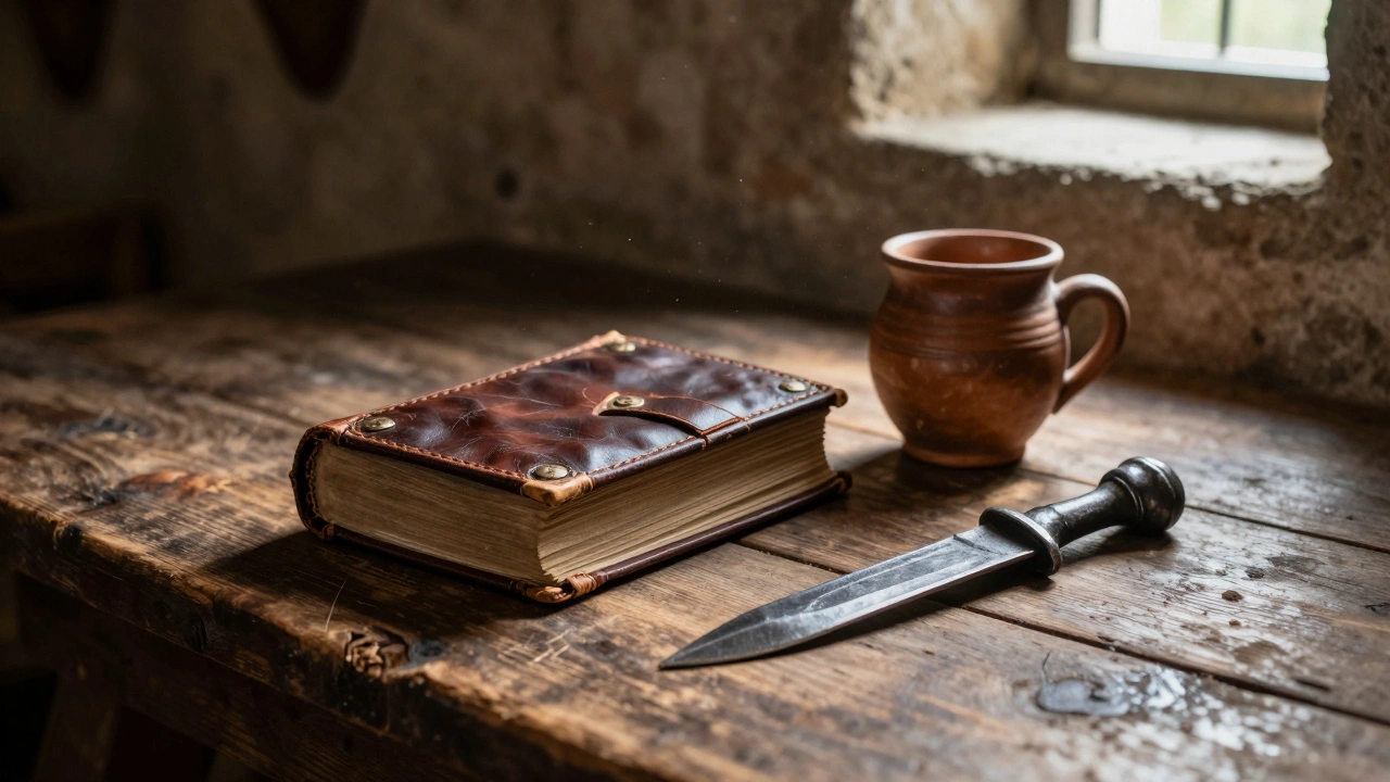 Стол в таверне с закрытой книгой, кубком и кинжалом при свете окна.