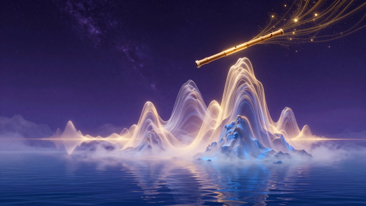 Сюрреалистические горы из звуковых волн и парящая флейта