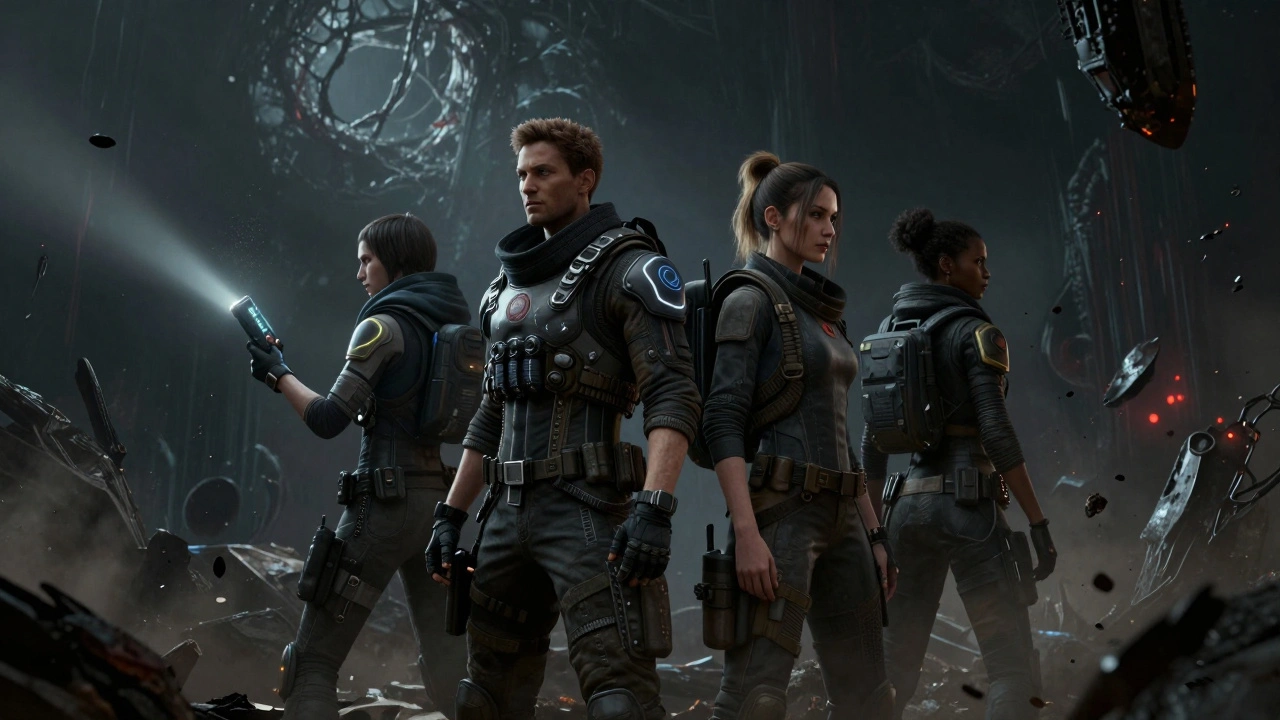 Тактическая группа в киберпанк стиле готовится к бою в темноте.