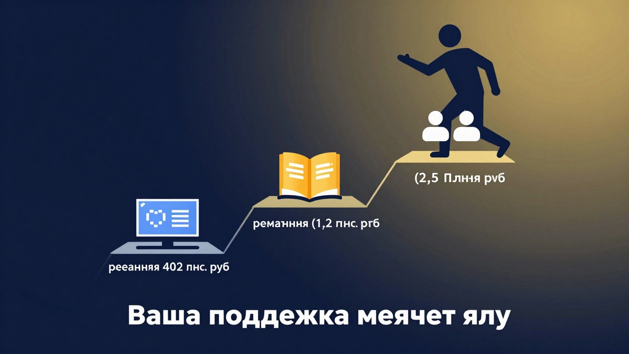 Три уровня финансирования как ступени к игре, с символами поддержки и золотым фоном роста.