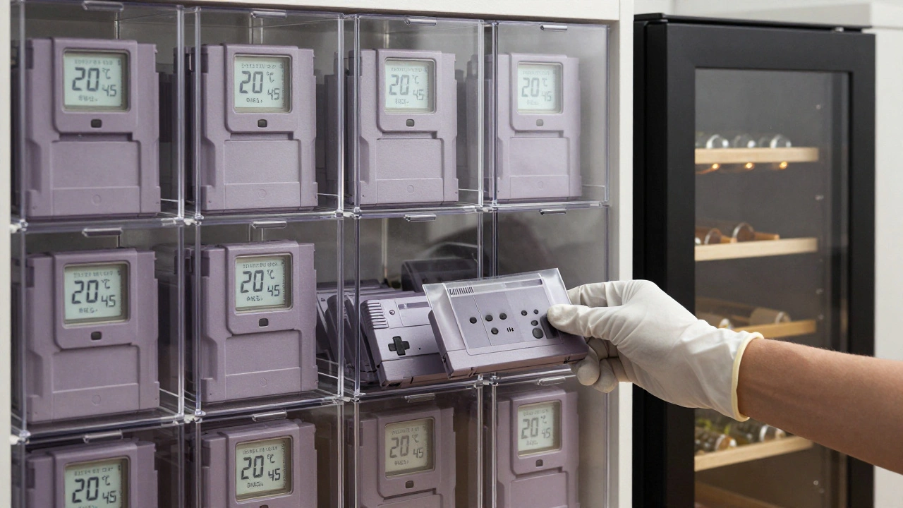 Умный шкаф для хранения картриджей с прозрачными чехлами, термометром и винным холодильником на заднем плане.