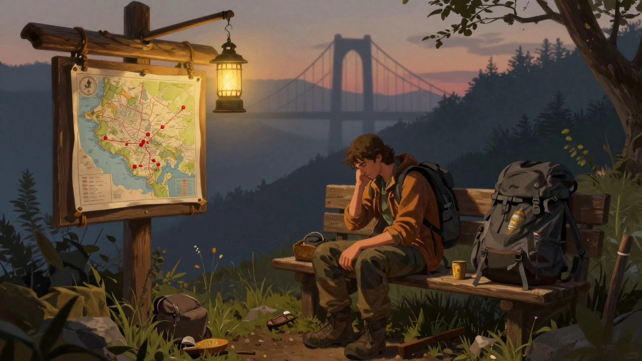 Уютная стоянка на горе с картой, артефактами и видом на мост — игрок отдыхает перед продолжением пути.