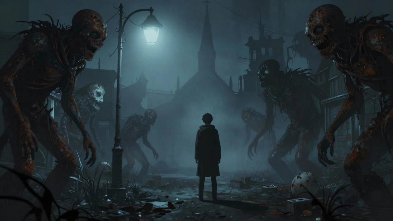 Загадочный персонаж стоит в тумане Silent Hill, вокруг — искажённые фигуры, атмосфера полна вины и одиночества.