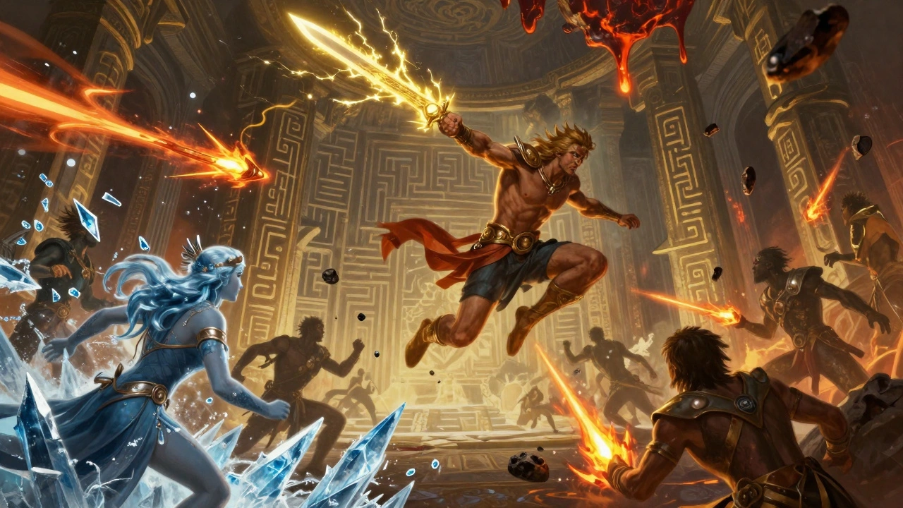 Загрей в бою, его атаки охватывают врагов молнией, льдом и огнём, стены пещеры пульсируют магическими рунами.