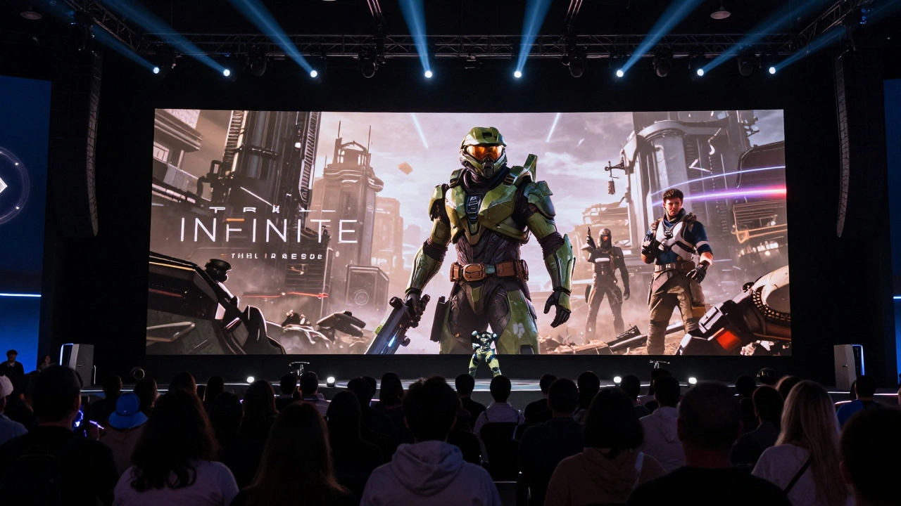 Зрители в зале E3 2026 смотрят на экран, где впервые Halo Infinite появляется на PlayStation 5, вокруг — вспышки других трейлеров.