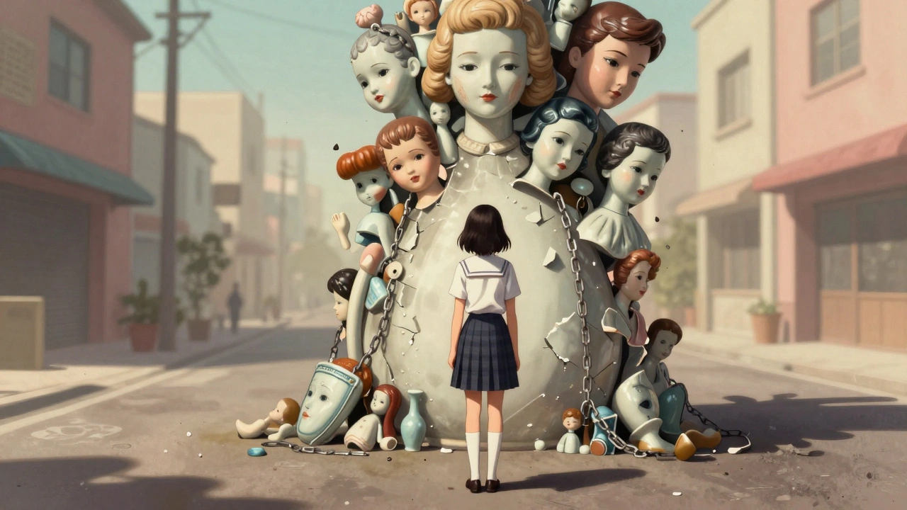 Японская школьница перед огромным существом из фарфоровых деталей и искаженных лиц