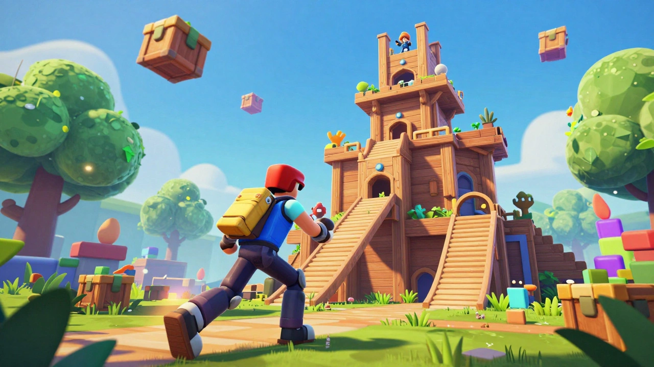 Яркий персонаж строит высокую деревянную башню в мультяшном мире Fortnite