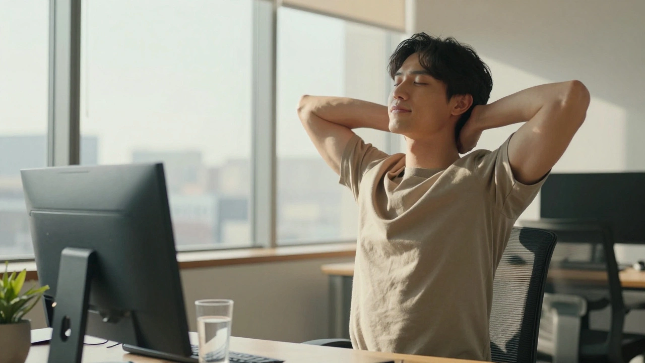 Человек делает разминку для шеи и плеч, встав из-за рабочего стола