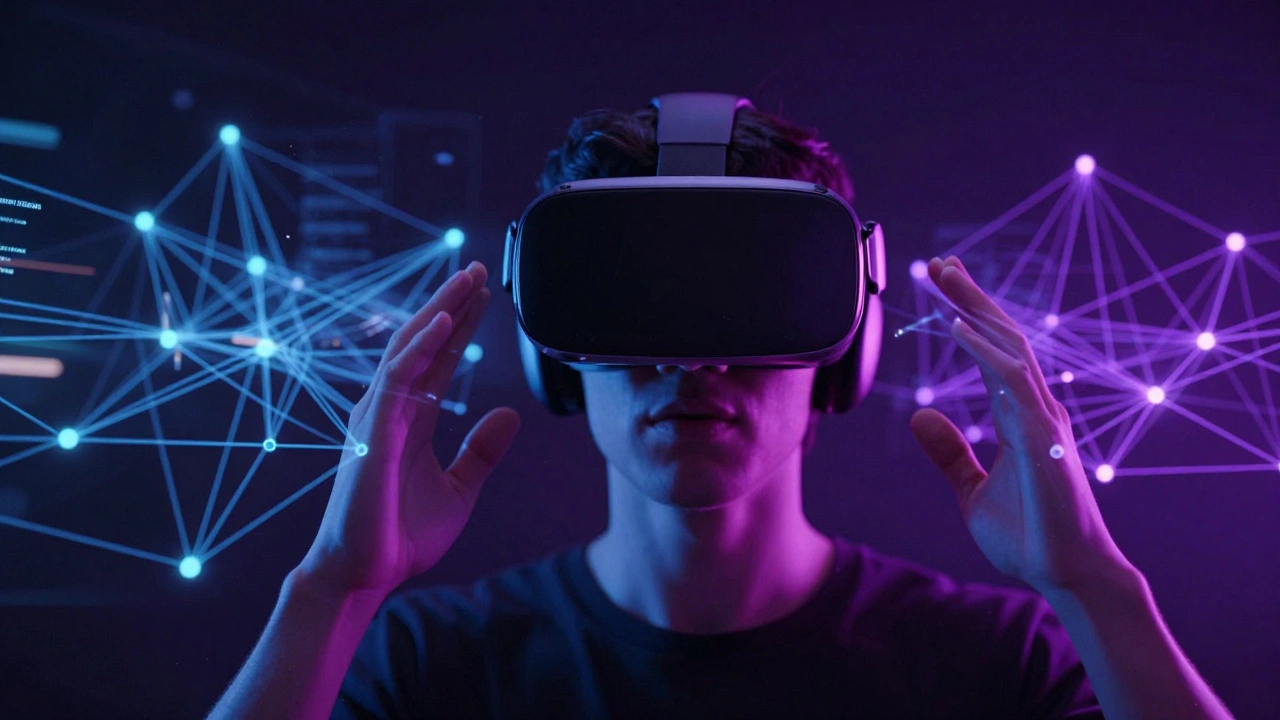 Человек в VR-шлеме в окружении голографических нитей сюжета и нейросетей