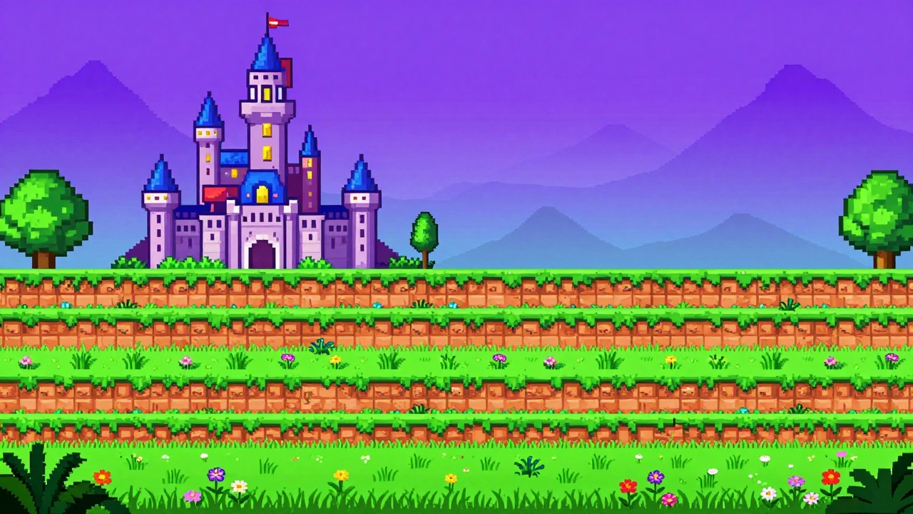 Детализированный 16-битный пейзаж с эффектом параллакса и насыщенными цветами