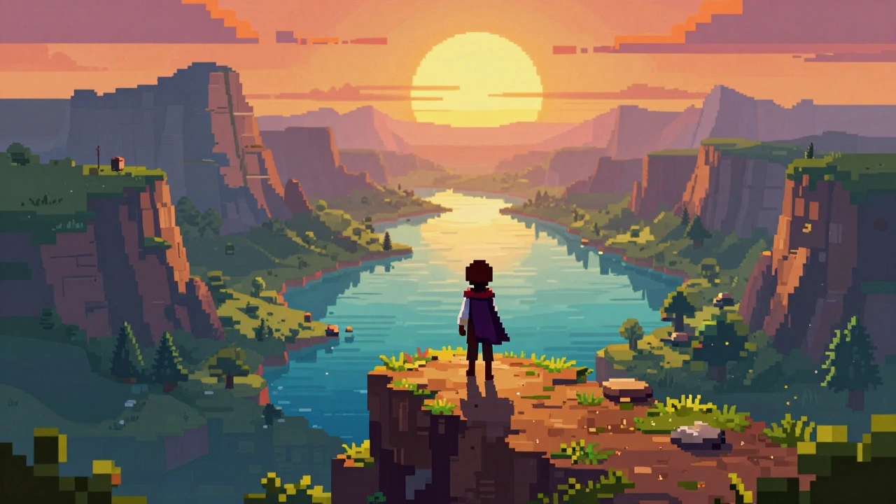 Детализированный 16-битный пейзаж с персонажем на скале в стиле классических JRPG