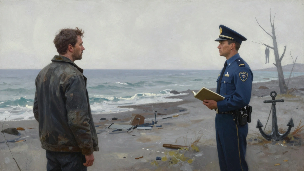 Детектив и Ким Кицураги на bleak-побережье Ревашоля в меланхоличной атмосфере