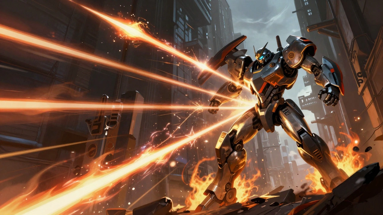 Динамичный бой двух мехов с уклонением от ракет в вертикальном городском каньоне