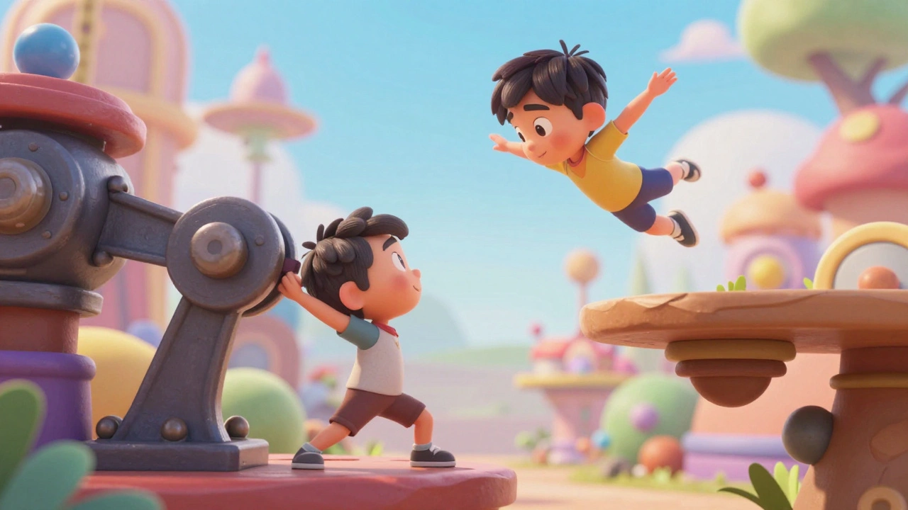 Два разных персонажа в ярком сюрреалистичном мире синхронно решают механическую головоломку.