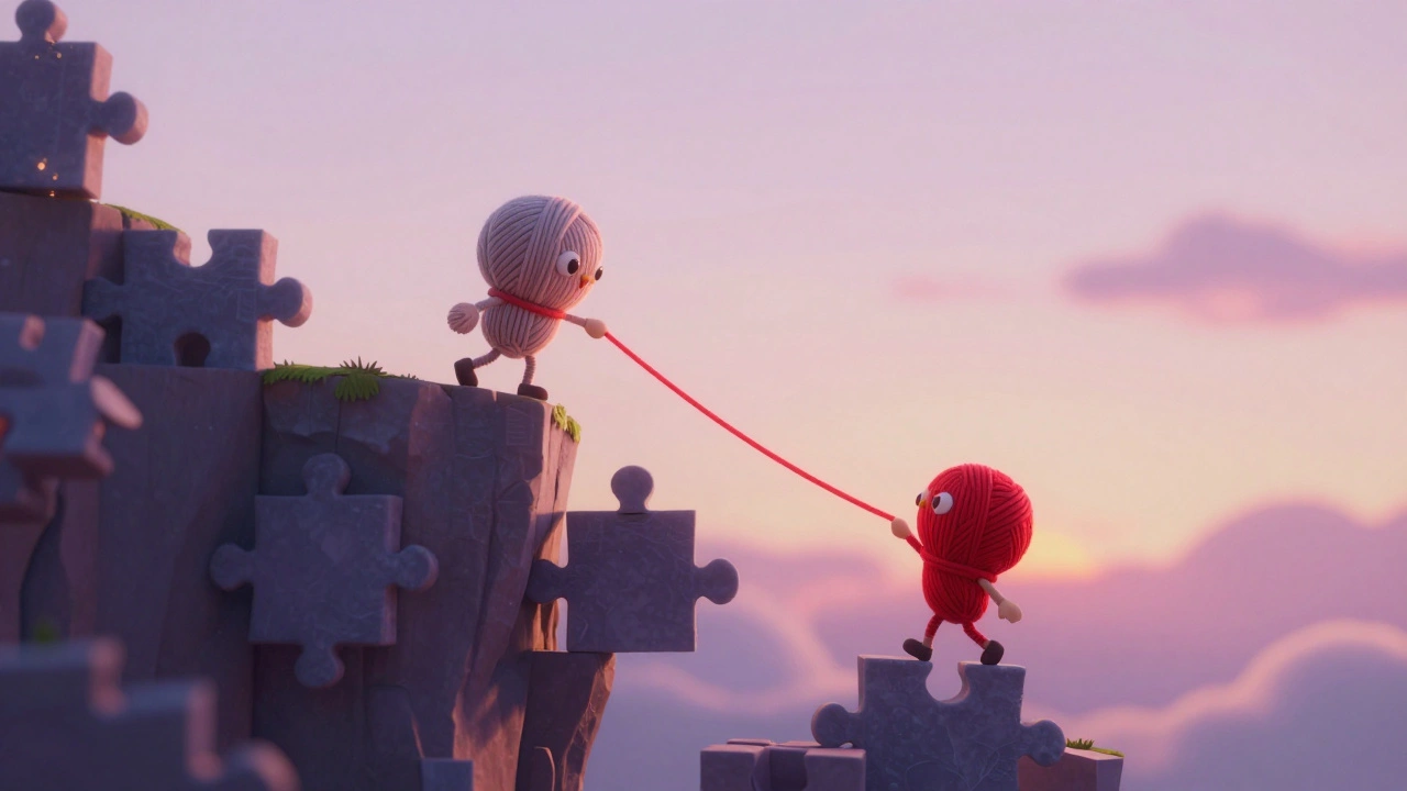 Два вязаных человечка, связанных красной нитью, помогают друг другу взобраться на скалу