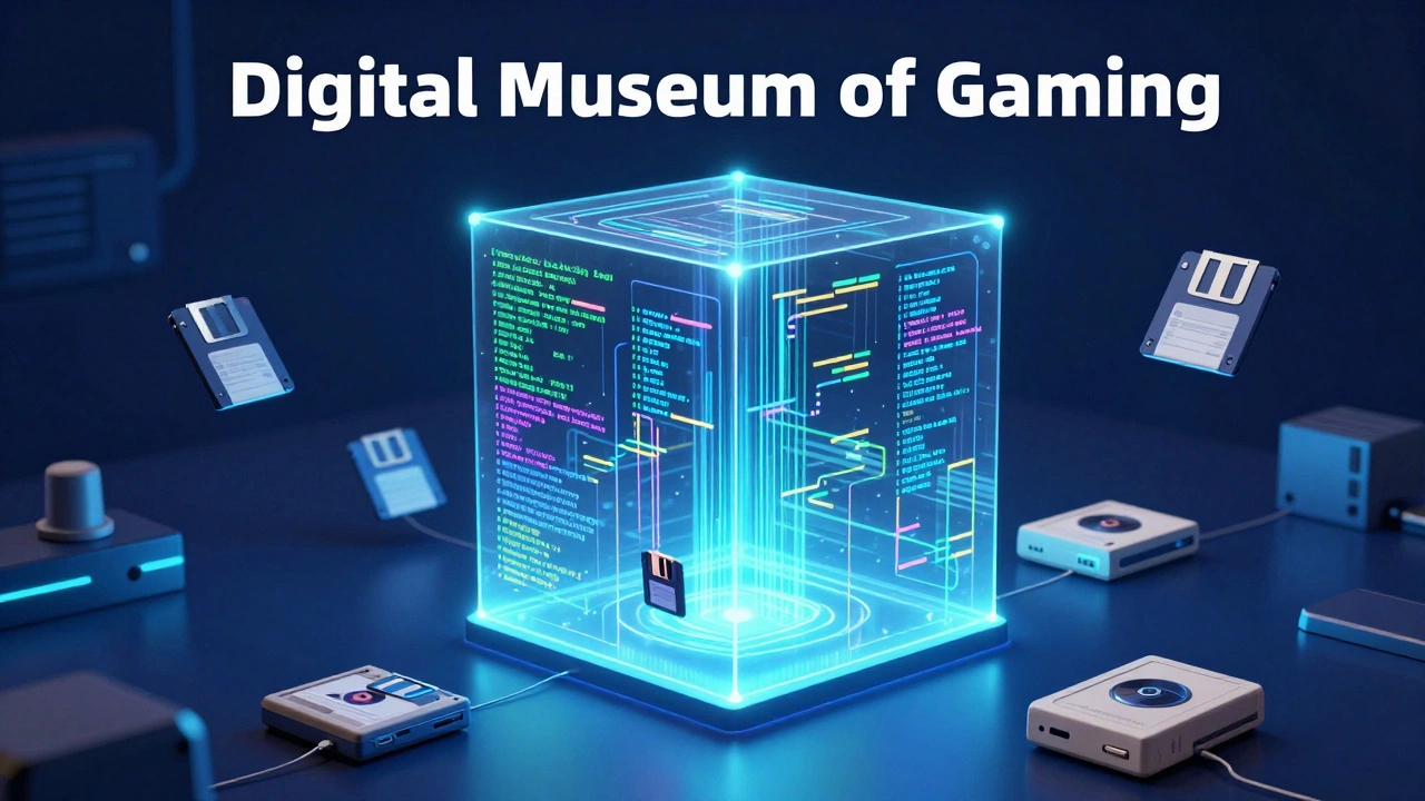 Футуристический цифровой архив игр в виде светящегося куба с данными