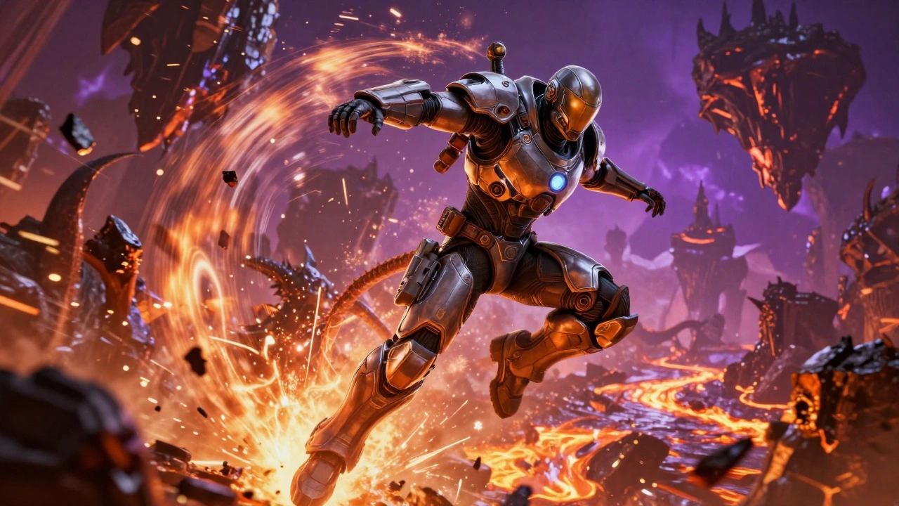 Футуристичный воин в броне в прыжке сражается с демонами в огненном мире Doom Eternal.