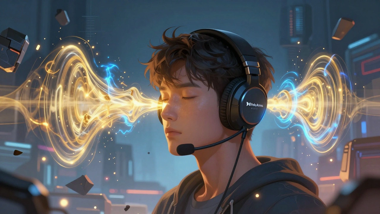 Геймер в наушниках в окружении визуальных волн объемного звука