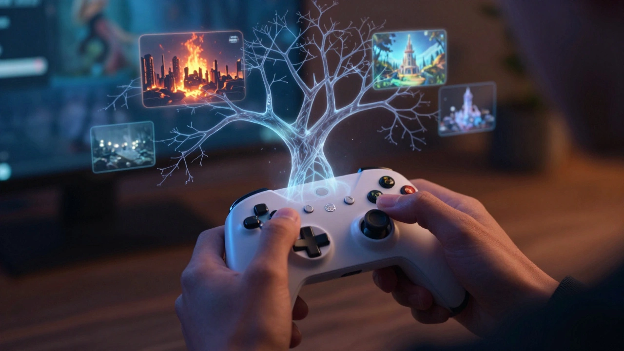 Голограммы с разными вариантами развития сюжета, исходящие из геймпада