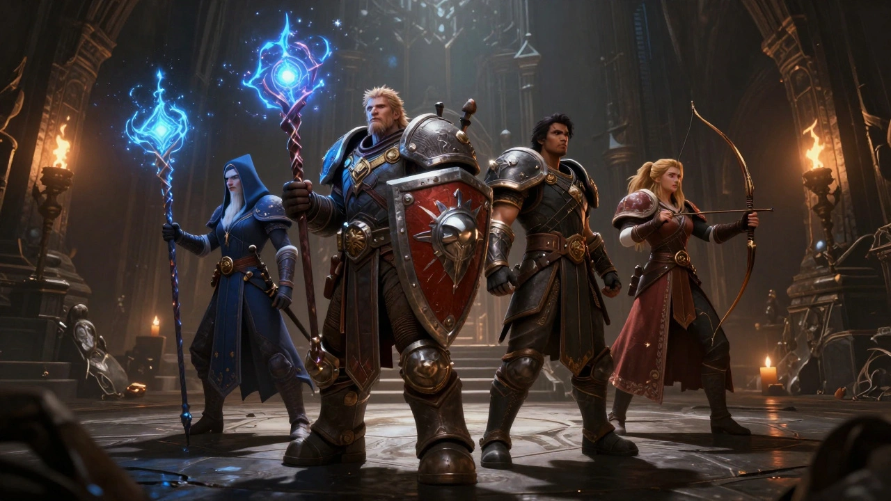 Группа героев разных классов в фэнтези-подземелье готовится к сражению