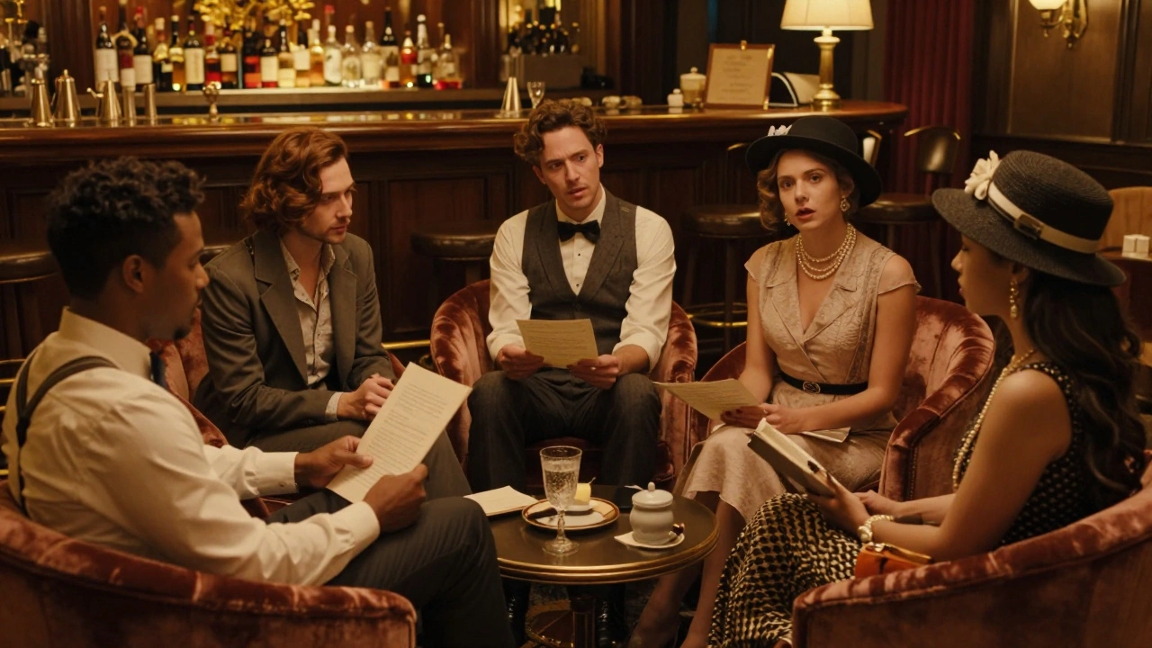 Группа людей в костюмах 20-х годов обсуждает улики в лоунже