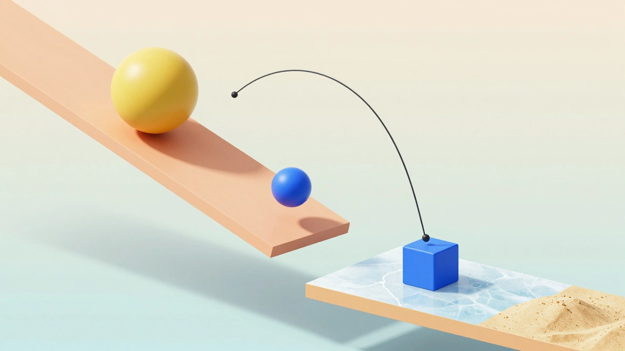Иллюстрация законов физики: гравитация, инерция и трение с использованием различных геометрических фигур.