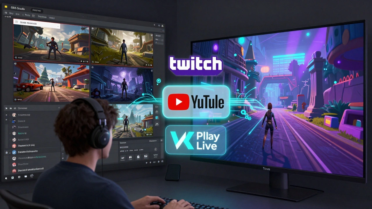 Интерфейс программы OBS Studio и логотипы стриминговых платформ в цифровом стиле