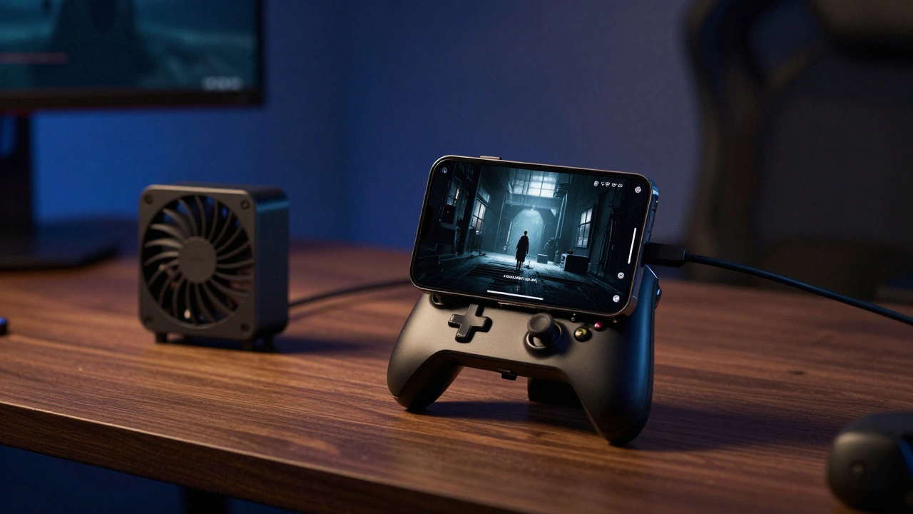 iPhone с подключенным геймпадом и внешним кулером в темном интерьере