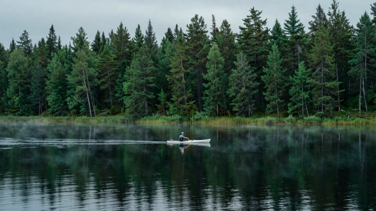 Каякер на спокойном озере в окружении лесов Карелии