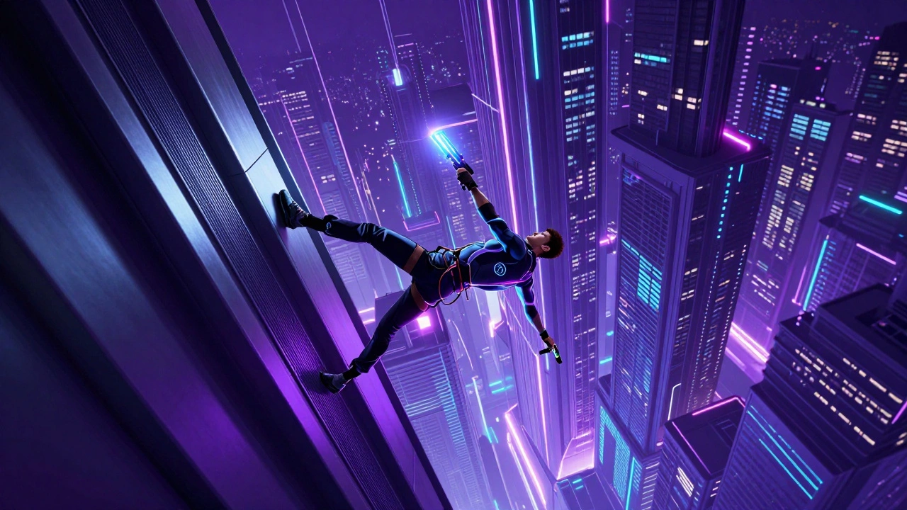 Кибер-атлет бежит по стене небоскреба в неоновом городе