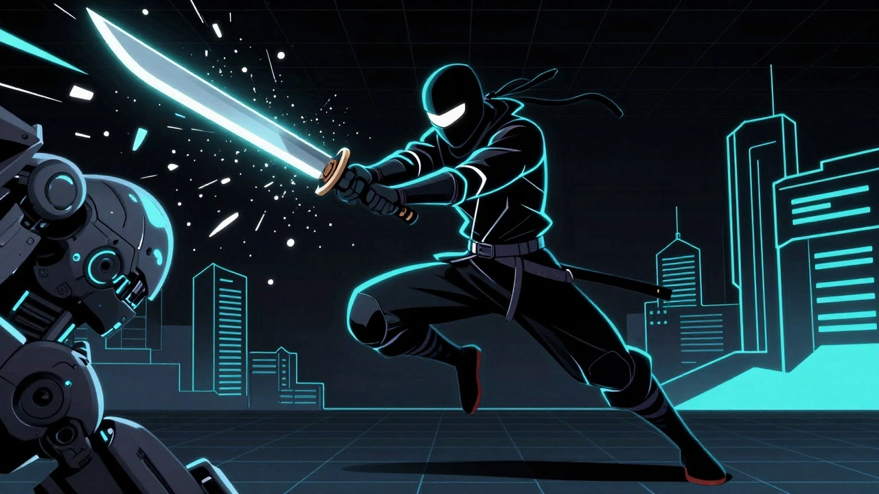 Кибер-ниндзя наносит точный удар роботу в неоновом стиле