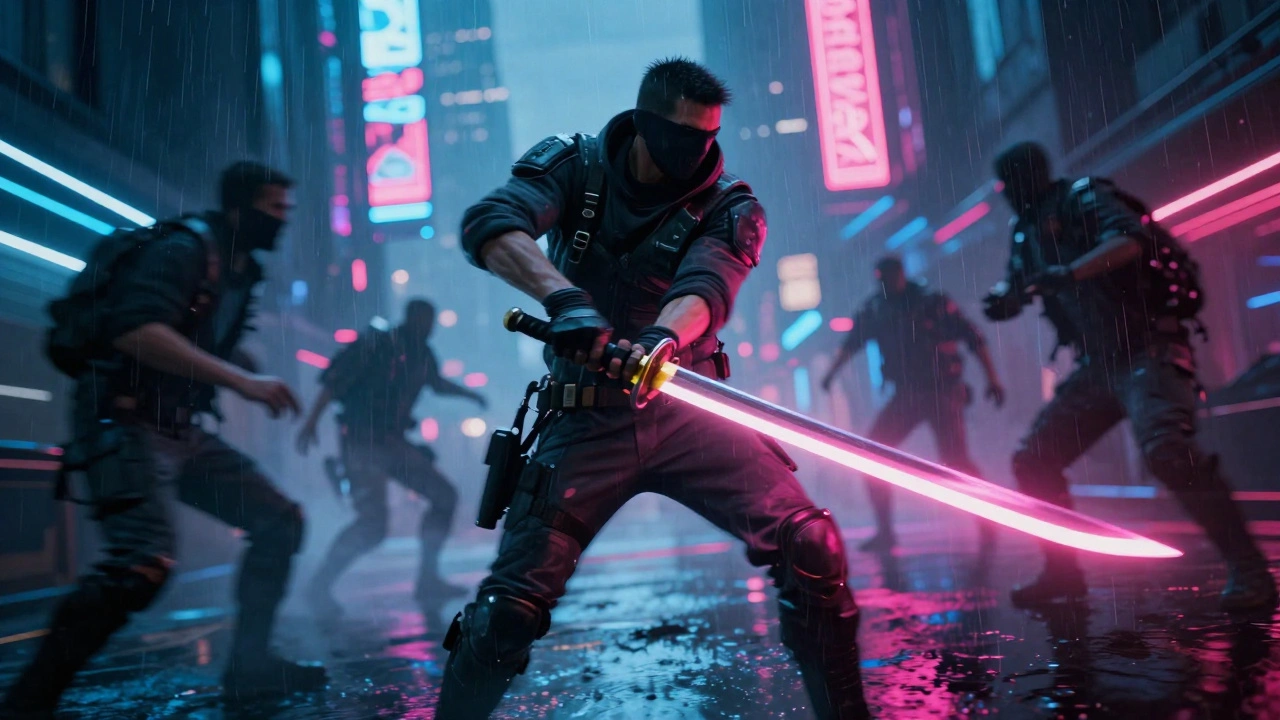 Киберпанк-наемник с катаной в режиме замедления времени Сандевистан