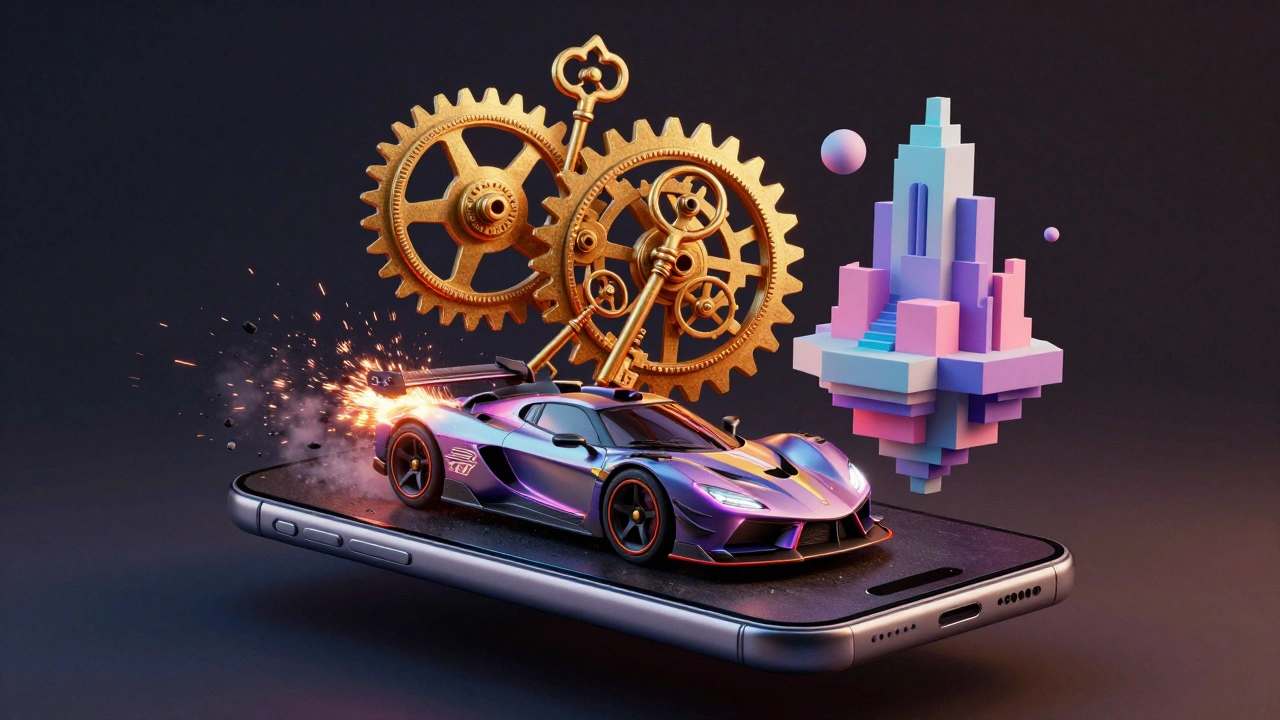 Коллаж игровых элементов: гоночный авто, механизмы и сюрреалистичная архитектура