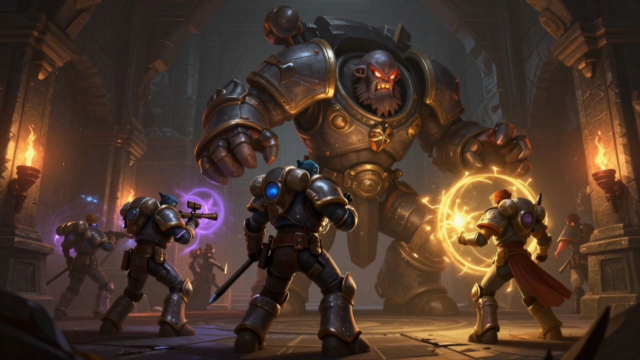 Команда героев разных классов сражается с огромным боссом в подземелье