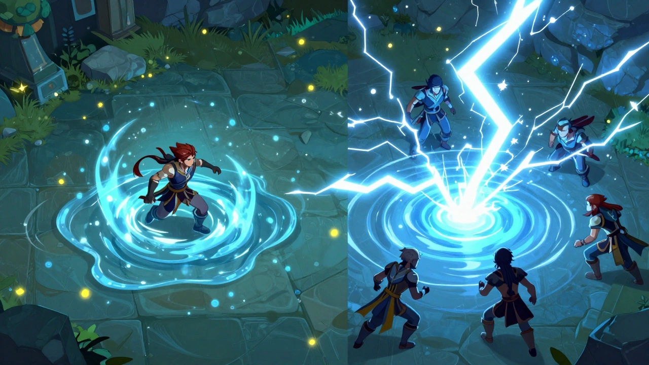 Концепт-арт элементальной синергии: удар молнии по луже воды, создающий электрический шок для врагов.